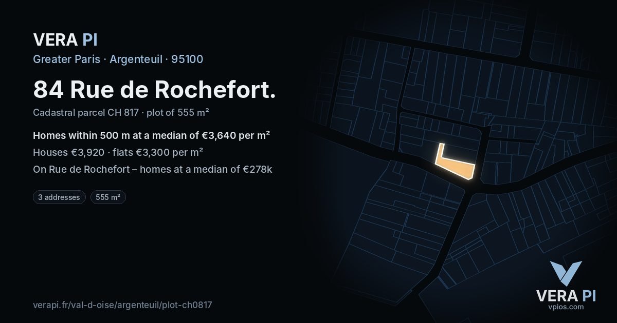 84 Rue de Rochefort, Argenteuil at night – the plot lit, the parcels around coloured by the prices near them