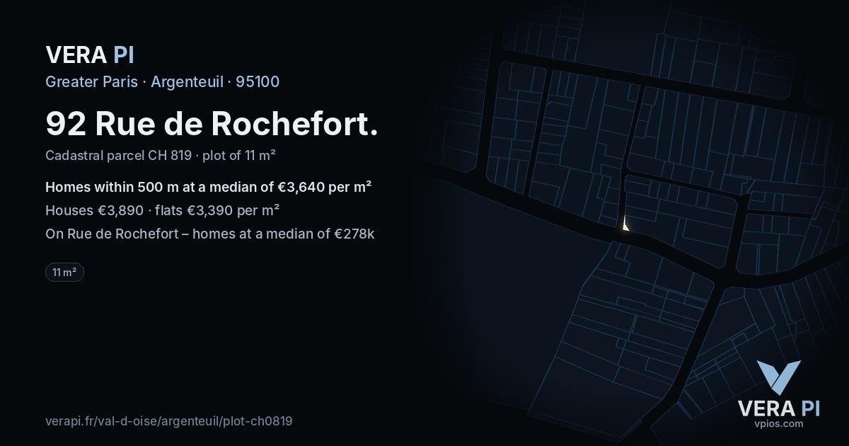 92 Rue de Rochefort, Argenteuil at night – the plot lit, the parcels around coloured by the prices near them