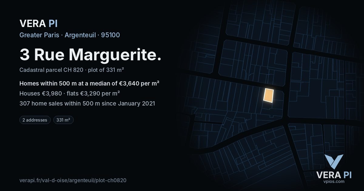 3 Rue Marguerite, Argenteuil at night – the plot lit, the parcels around coloured by the prices near them
