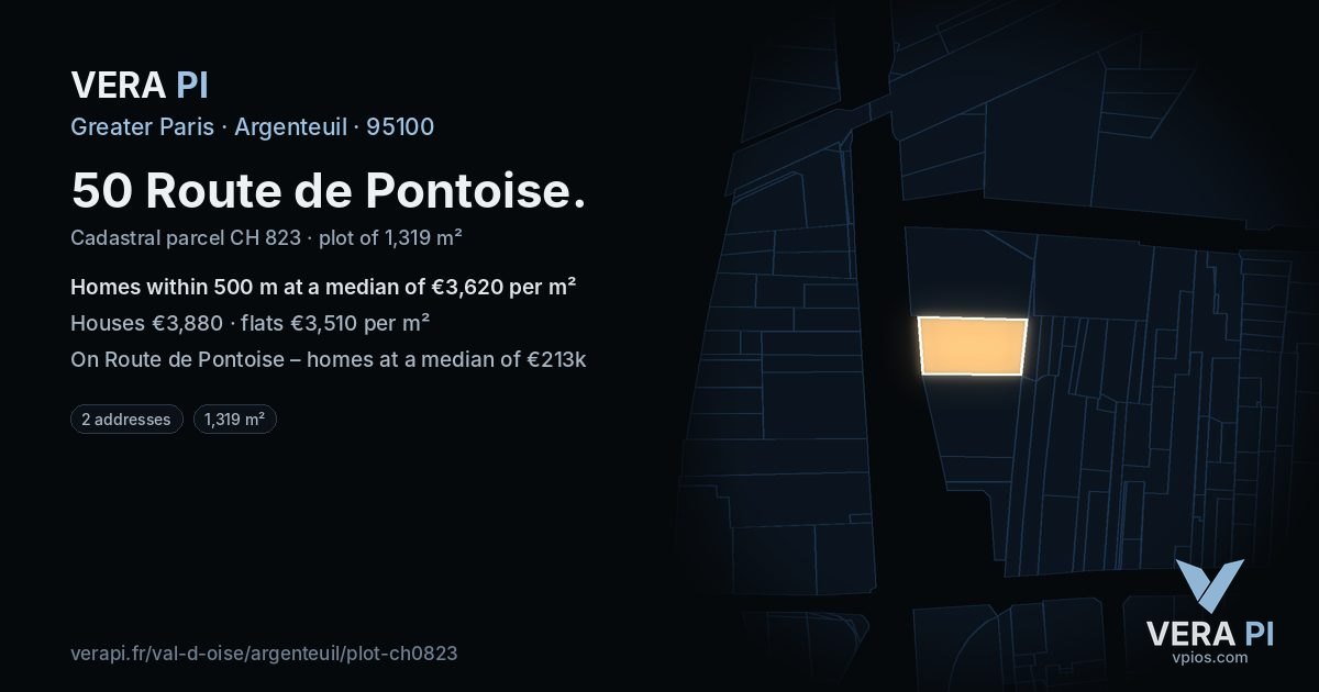 50 Route de Pontoise, Argenteuil at night – the plot lit, the parcels around coloured by the prices near them