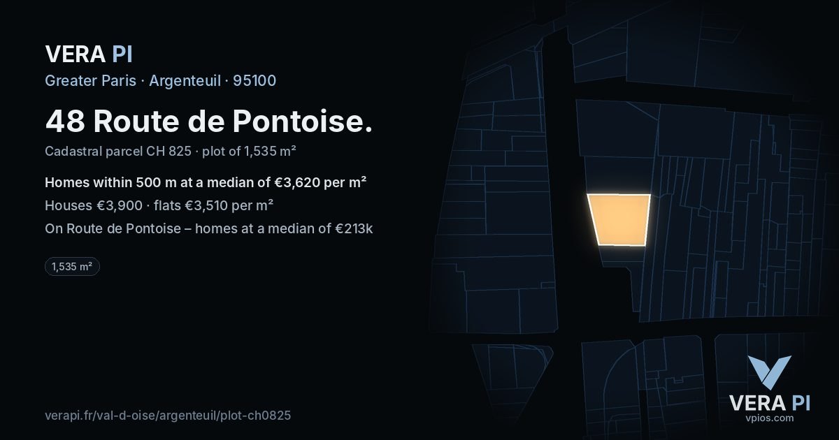 48 Route de Pontoise, Argenteuil at night – the plot lit, the parcels around coloured by the prices near them