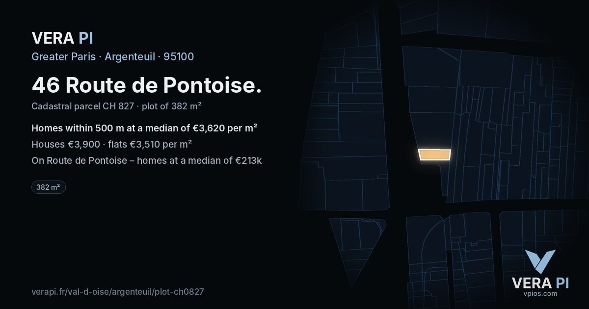 46 Route de Pontoise, Argenteuil at night – the plot lit, the parcels around coloured by the prices near them