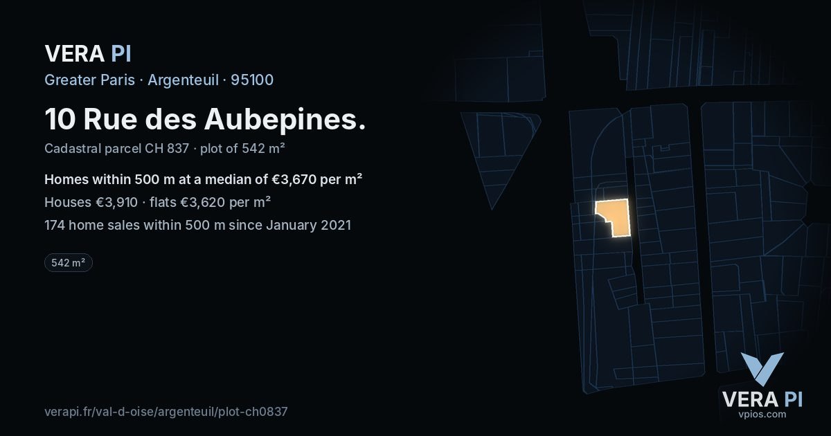 10 Rue des Aubepines, Argenteuil at night – the plot lit, the parcels around coloured by the prices near them