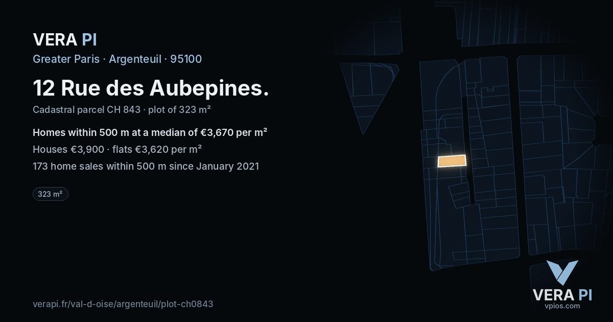 12 Rue des Aubepines, Argenteuil at night – the plot lit, the parcels around coloured by the prices near them