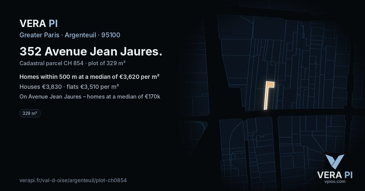 352 Avenue Jean Jaures, Argenteuil at night – the plot lit, the parcels around coloured by the prices near them