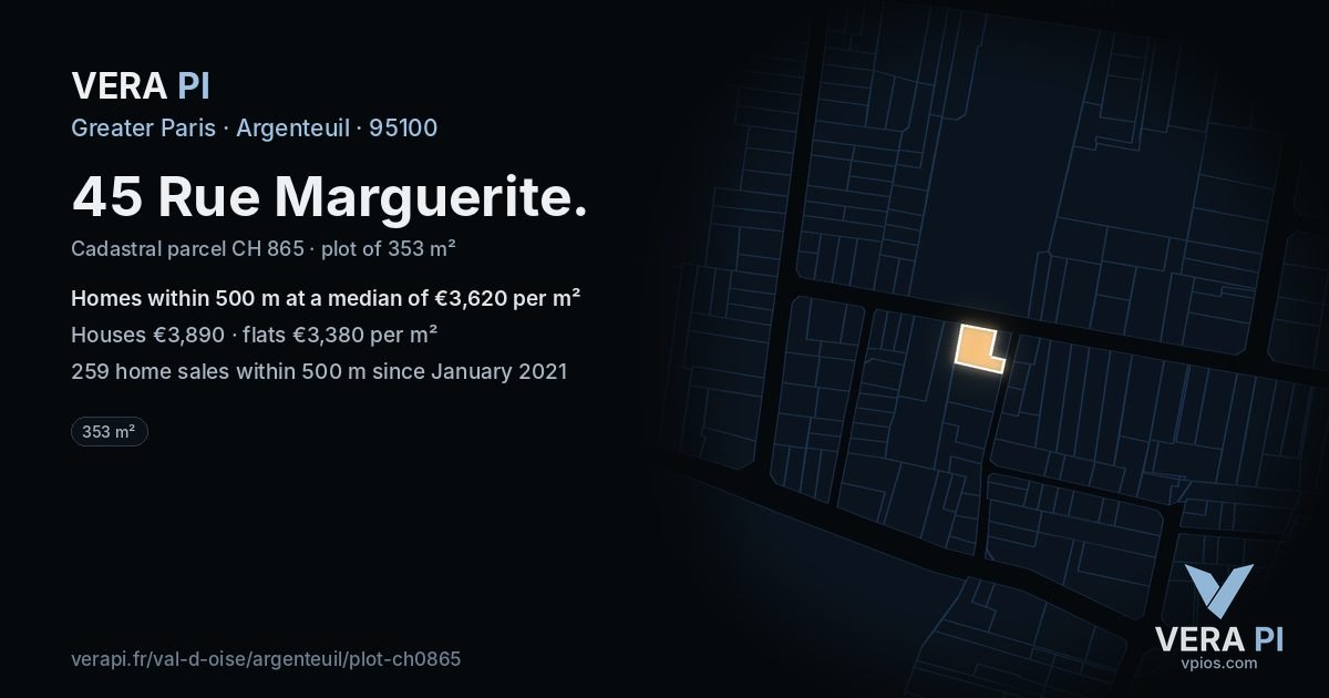 45 Rue Marguerite, Argenteuil at night – the plot lit, the parcels around coloured by the prices near them