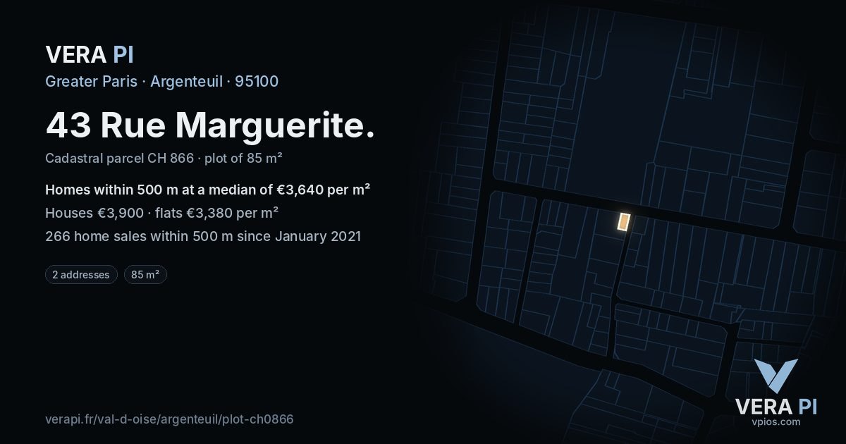 43 Rue Marguerite, Argenteuil at night – the plot lit, the parcels around coloured by the prices near them