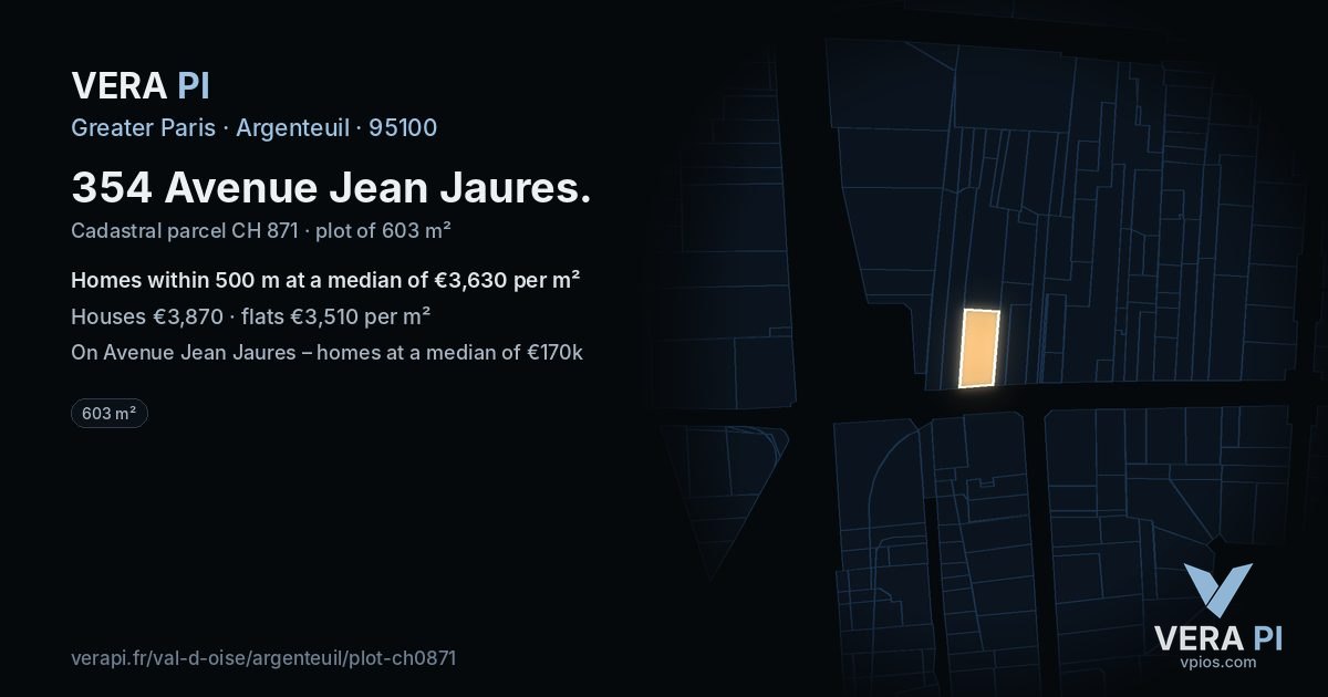 354 Avenue Jean Jaures, Argenteuil at night – the plot lit, the parcels around coloured by the prices near them