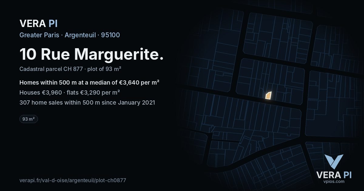10 Rue Marguerite, Argenteuil at night – the plot lit, the parcels around coloured by the prices near them