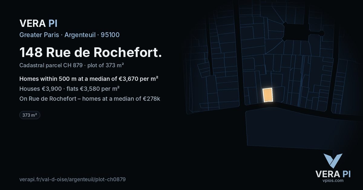 148 Rue de Rochefort, Argenteuil at night – the plot lit, the parcels around coloured by the prices near them
