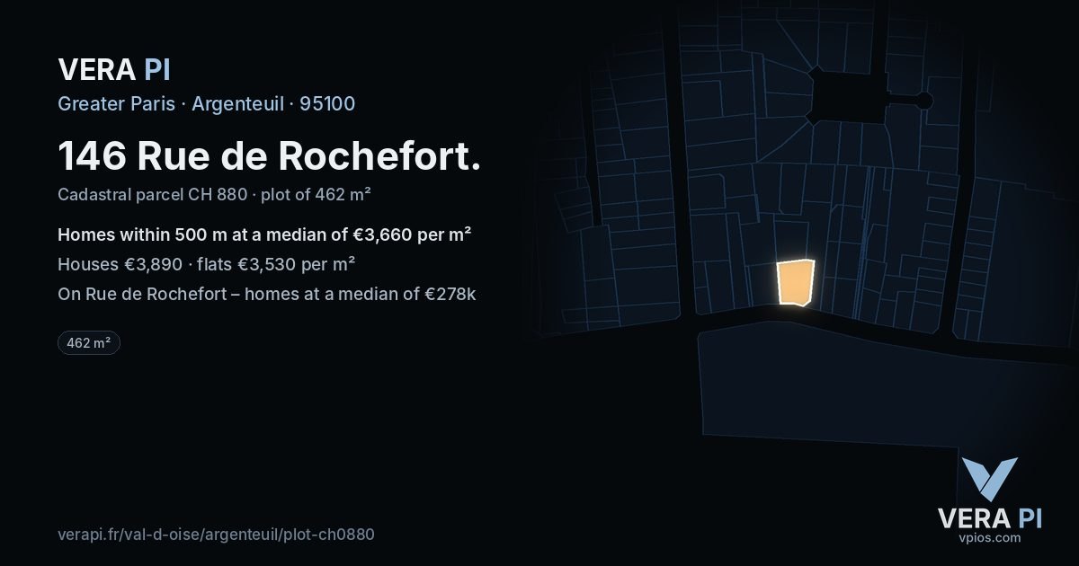 146 Rue de Rochefort, Argenteuil at night – the plot lit, the parcels around coloured by the prices near them