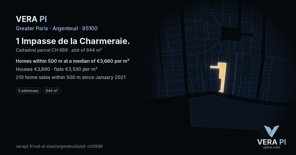 1 Impasse de la Charmeraie, Argenteuil at night – the plot lit, the parcels around coloured by the prices near them
