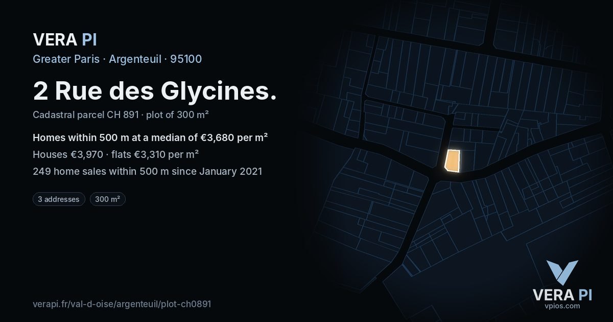 2 Rue des Glycines, Argenteuil at night – the plot lit, the parcels around coloured by the prices near them
