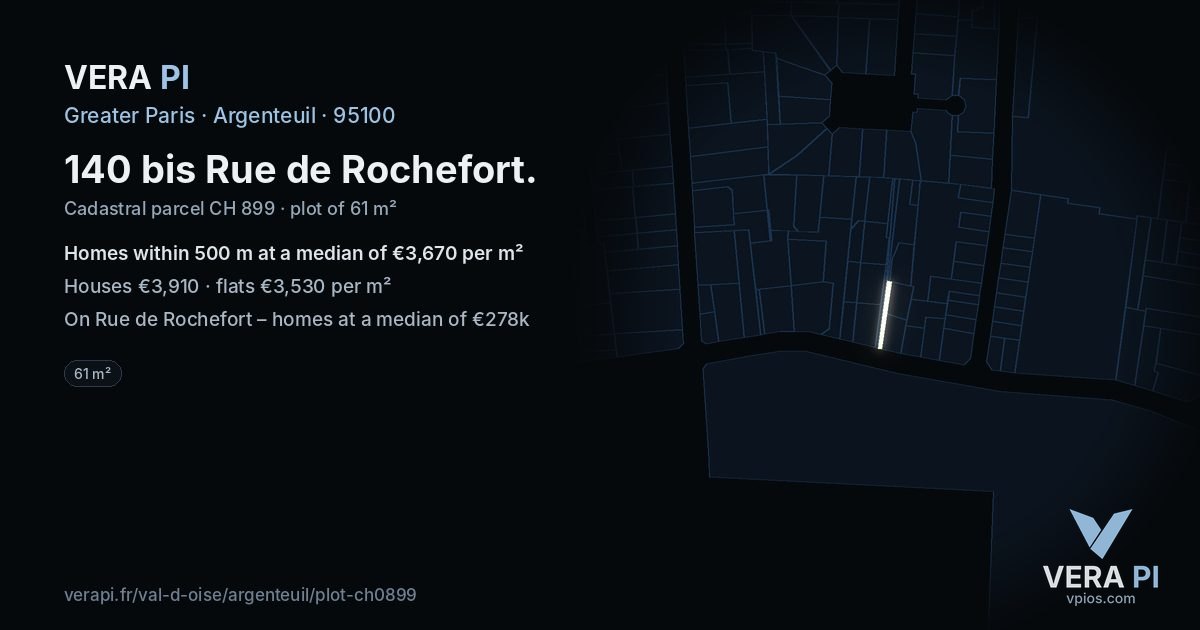 140 bis Rue de Rochefort, Argenteuil at night – the plot lit, the parcels around coloured by the prices near them