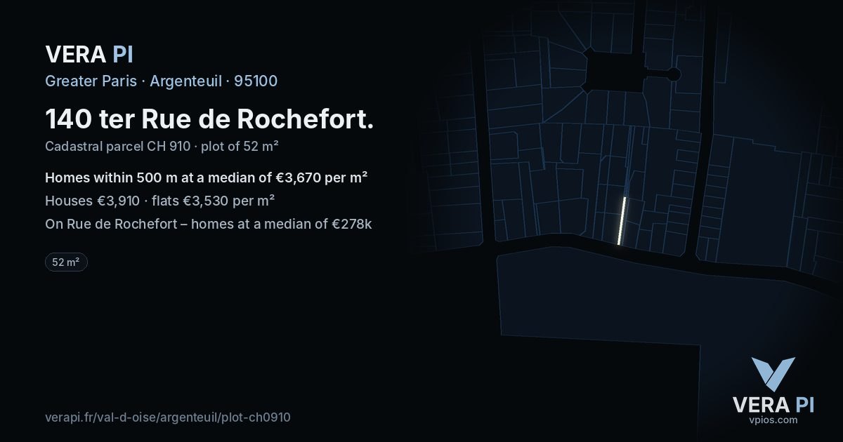 140 ter Rue de Rochefort, Argenteuil at night – the plot lit, the parcels around coloured by the prices near them