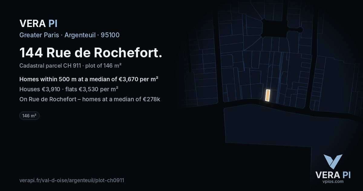 144 Rue de Rochefort, Argenteuil at night – the plot lit, the parcels around coloured by the prices near them