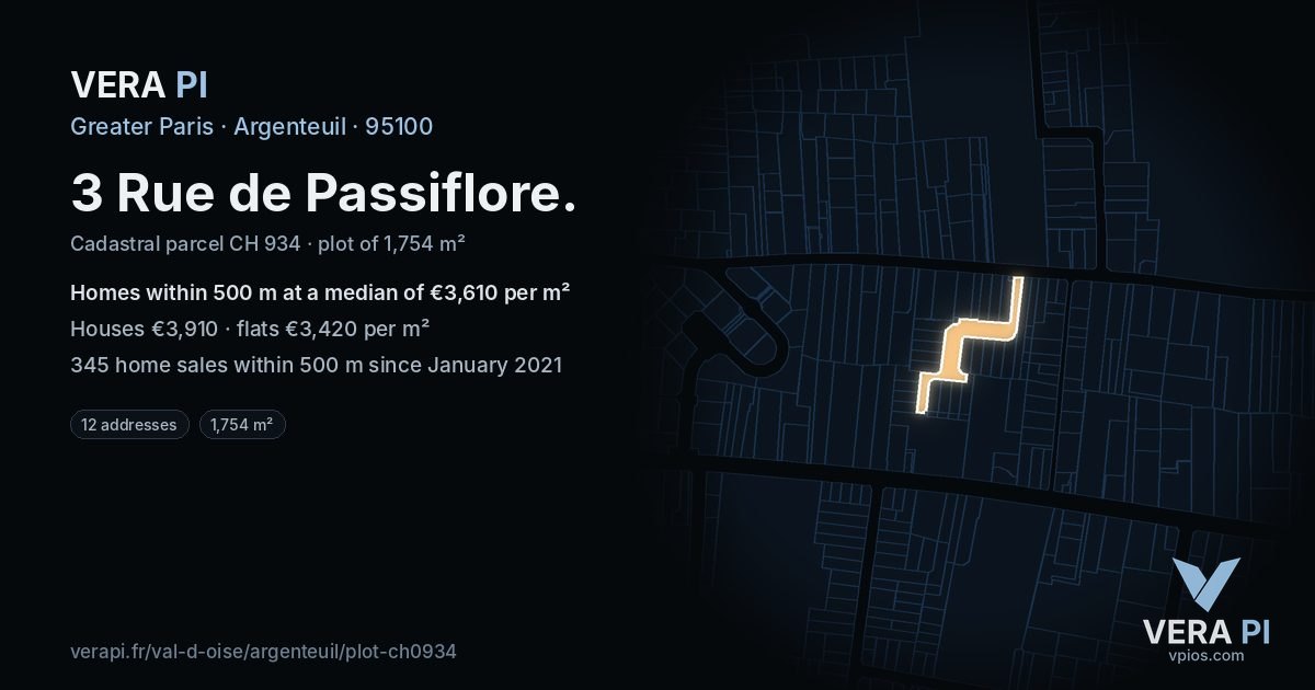 3 Rue de Passiflore, Argenteuil at night – the plot lit, the parcels around coloured by the prices near them