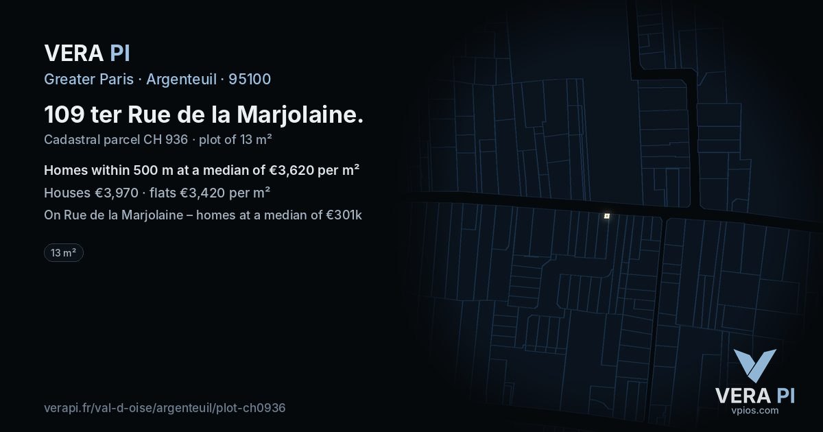 109 ter Rue de la Marjolaine, Argenteuil at night – the plot lit, the parcels around coloured by the prices near them