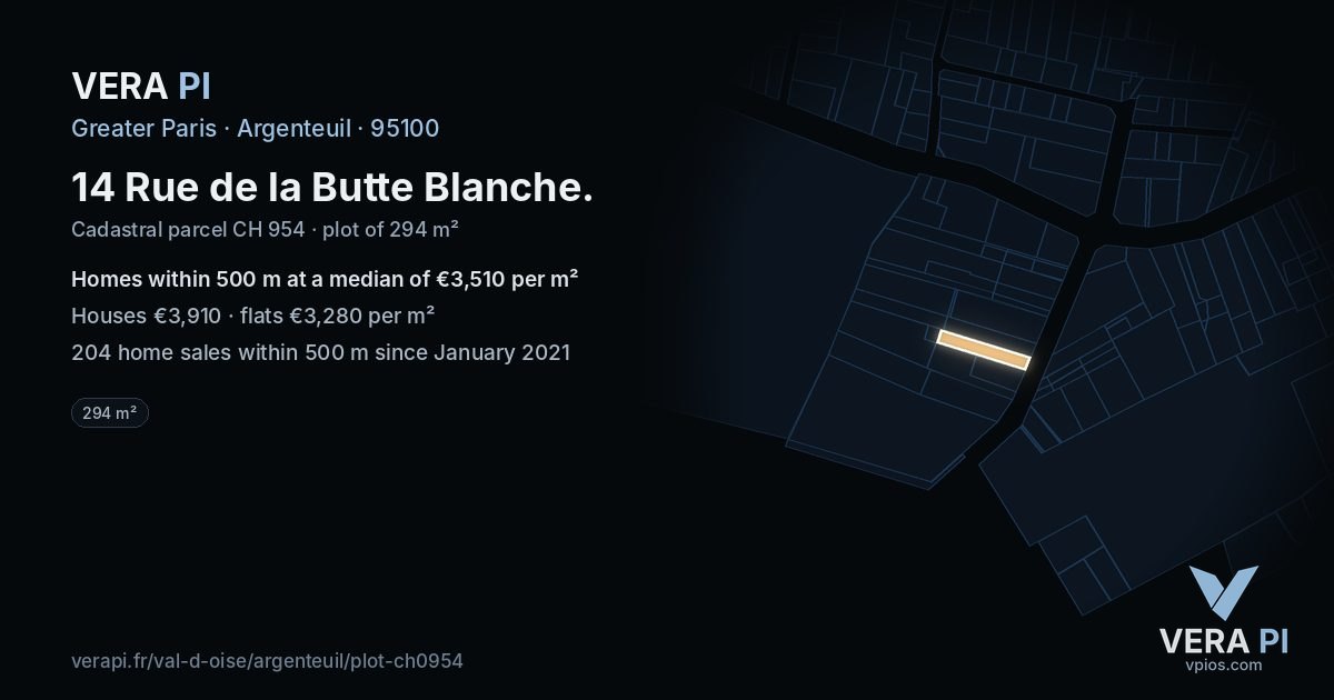 14 Rue de la Butte Blanche, Argenteuil at night – the plot lit, the parcels around coloured by the prices near them