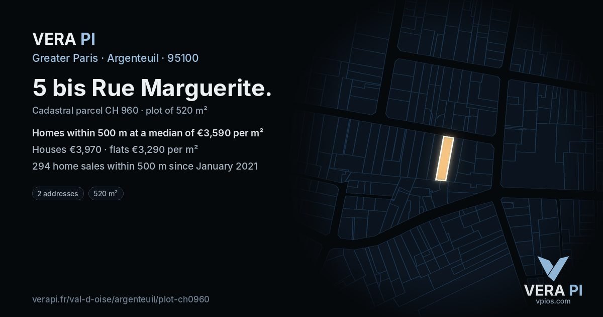 5 bis Rue Marguerite, Argenteuil at night – the plot lit, the parcels around coloured by the prices near them