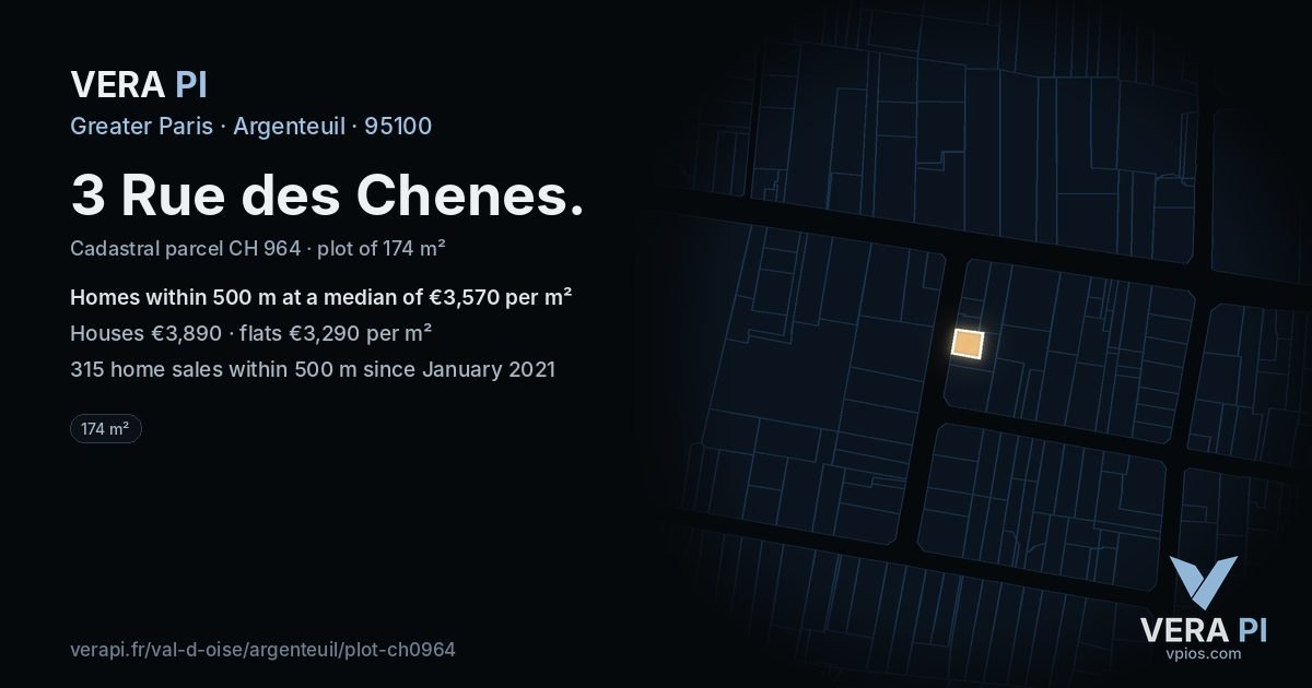3 Rue des Chenes, Argenteuil at night – the plot lit, the parcels around coloured by the prices near them