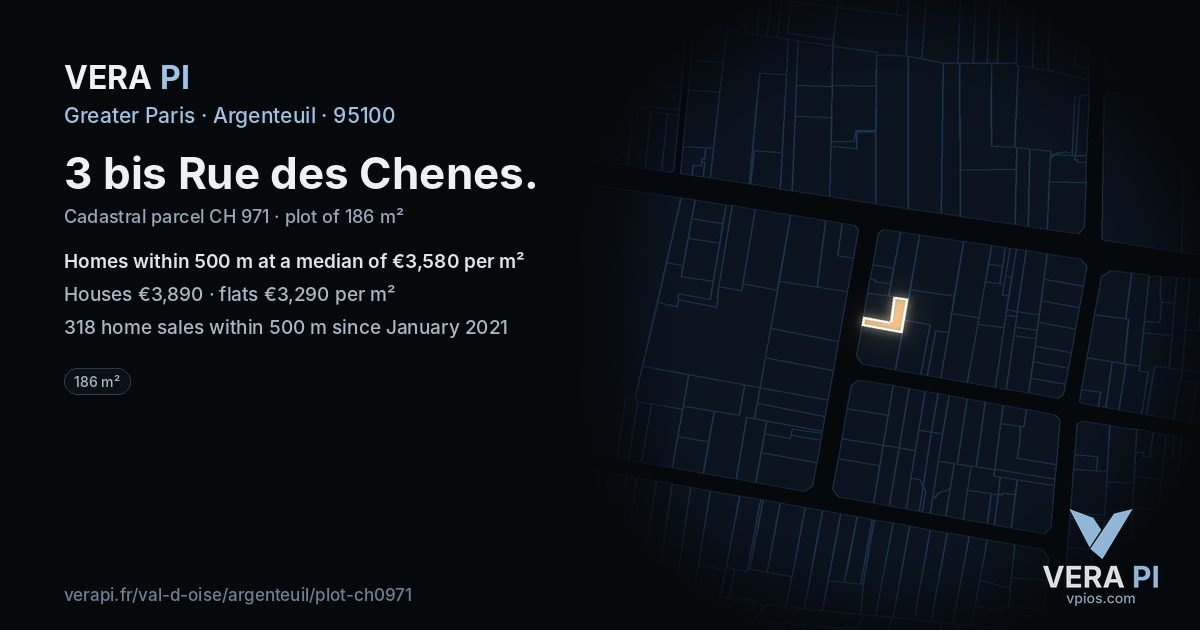 3 bis Rue des Chenes, Argenteuil at night – the plot lit, the parcels around coloured by the prices near them