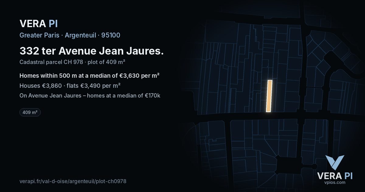 332 ter Avenue Jean Jaures, Argenteuil at night – the plot lit, the parcels around coloured by the prices near them