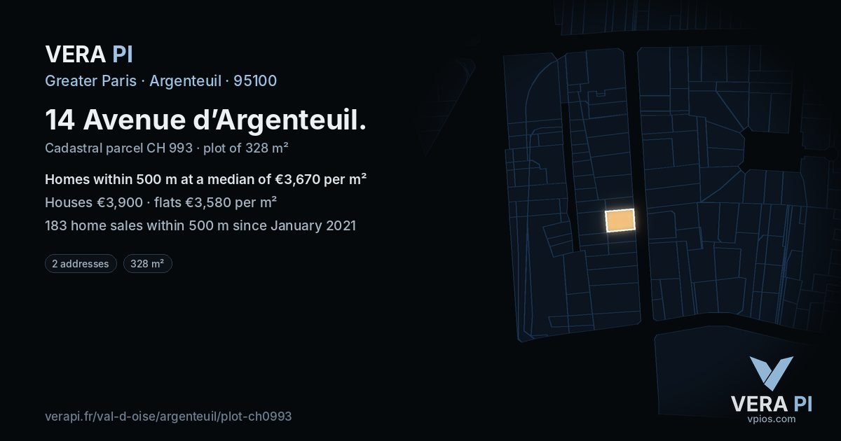 14 Avenue d’Argenteuil, Argenteuil at night – the plot lit, the parcels around coloured by the prices near them