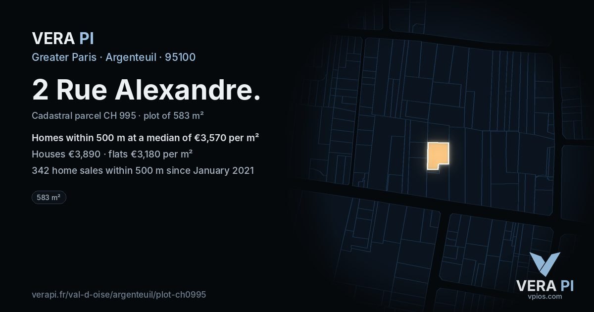 2 Rue Alexandre, Argenteuil at night – the plot lit, the parcels around coloured by the prices near them