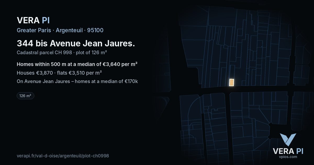 344 bis Avenue Jean Jaures, Argenteuil at night – the plot lit, the parcels around coloured by the prices near them
