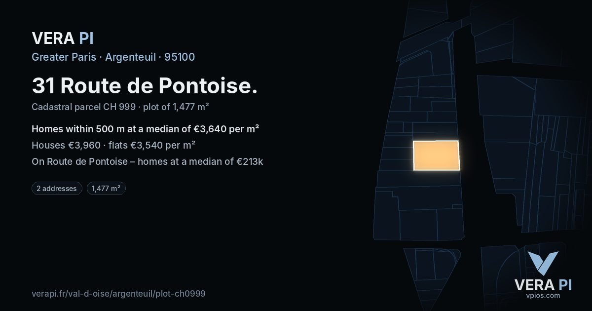 31 Route de Pontoise, Argenteuil at night – the plot lit, the parcels around coloured by the prices near them