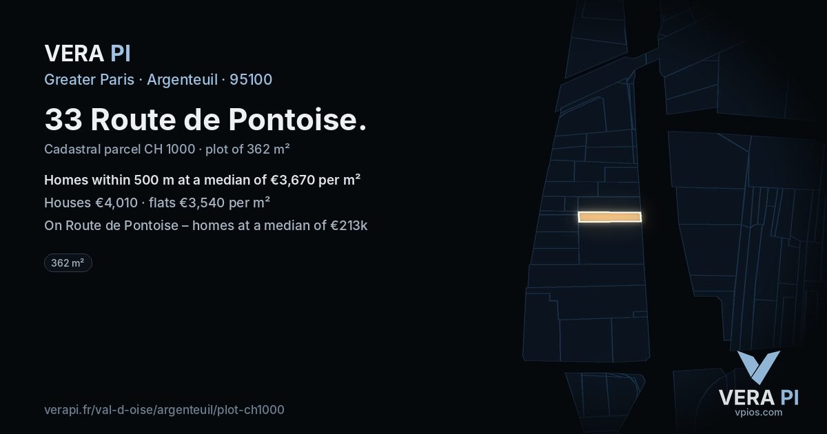 33 Route de Pontoise, Argenteuil at night – the plot lit, the parcels around coloured by the prices near them
