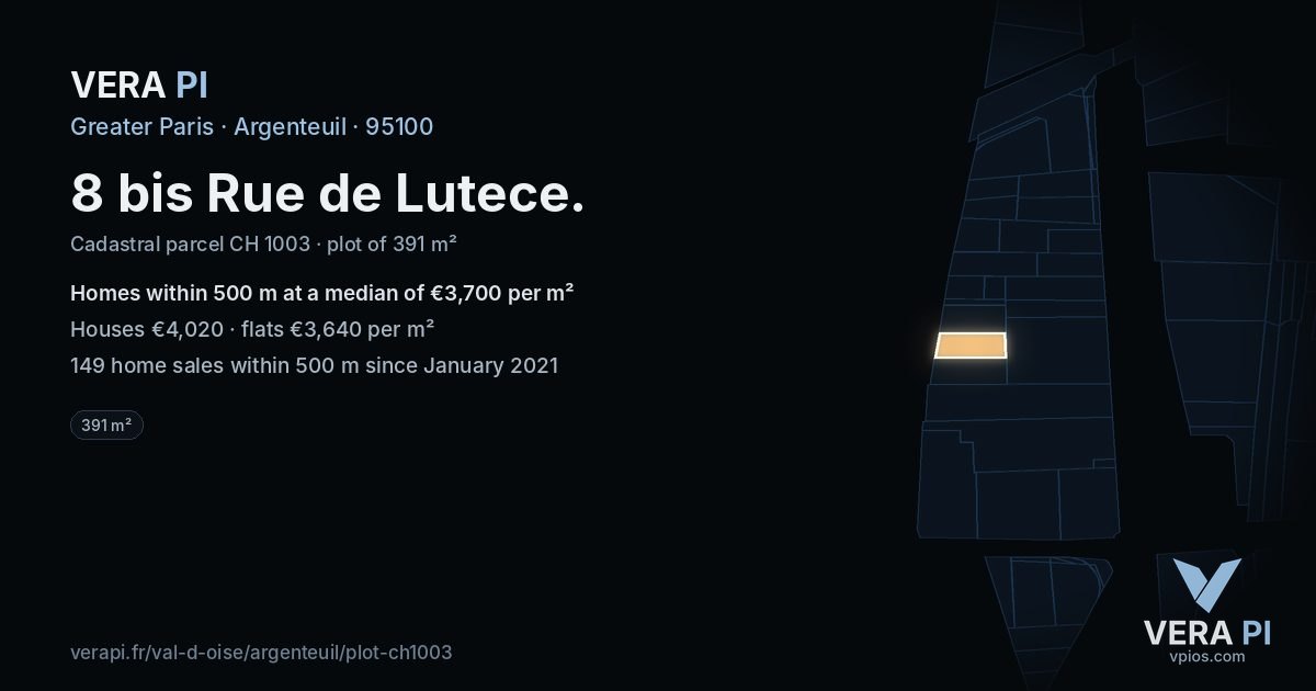 8 bis Rue de Lutece, Argenteuil at night – the plot lit, the parcels around coloured by the prices near them