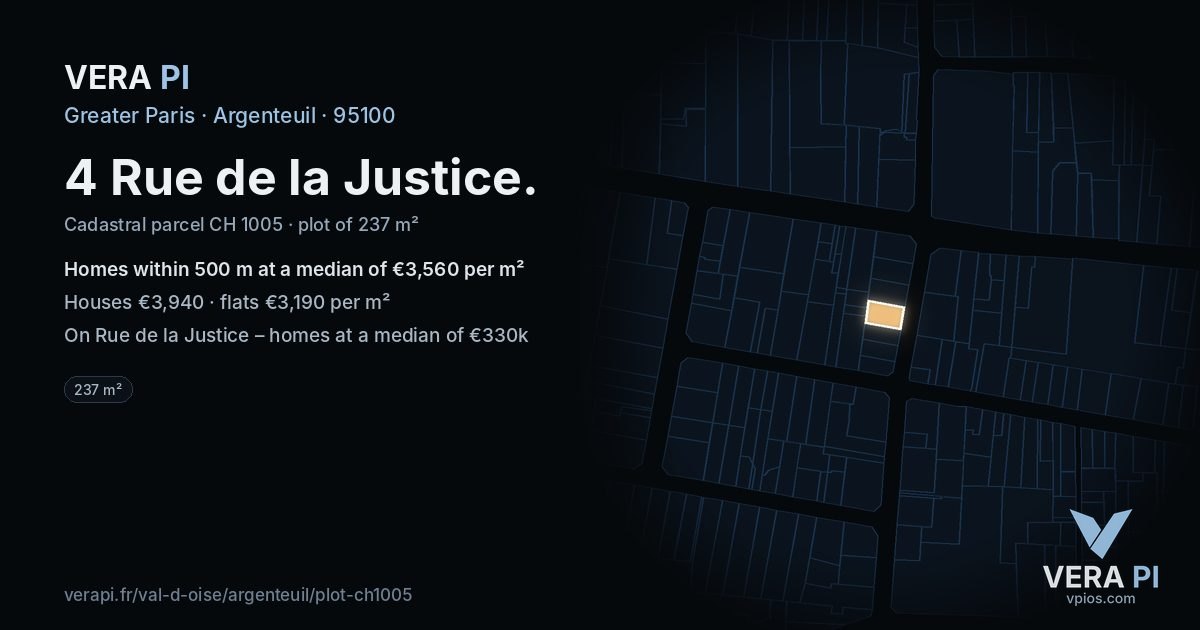 4 Rue de la Justice, Argenteuil at night – the plot lit, the parcels around coloured by the prices near them