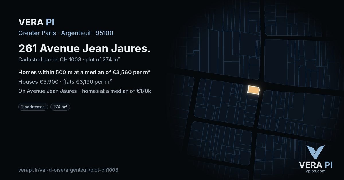 261 Avenue Jean Jaures, Argenteuil at night – the plot lit, the parcels around coloured by the prices near them