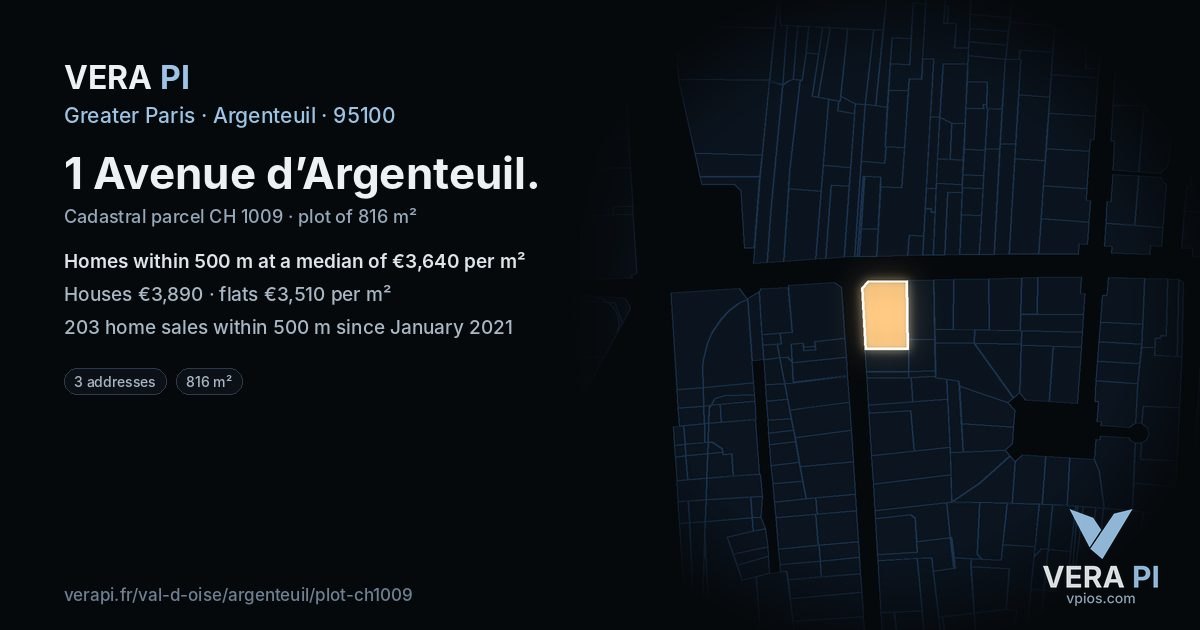 1 Avenue d’Argenteuil, Argenteuil at night – the plot lit, the parcels around coloured by the prices near them