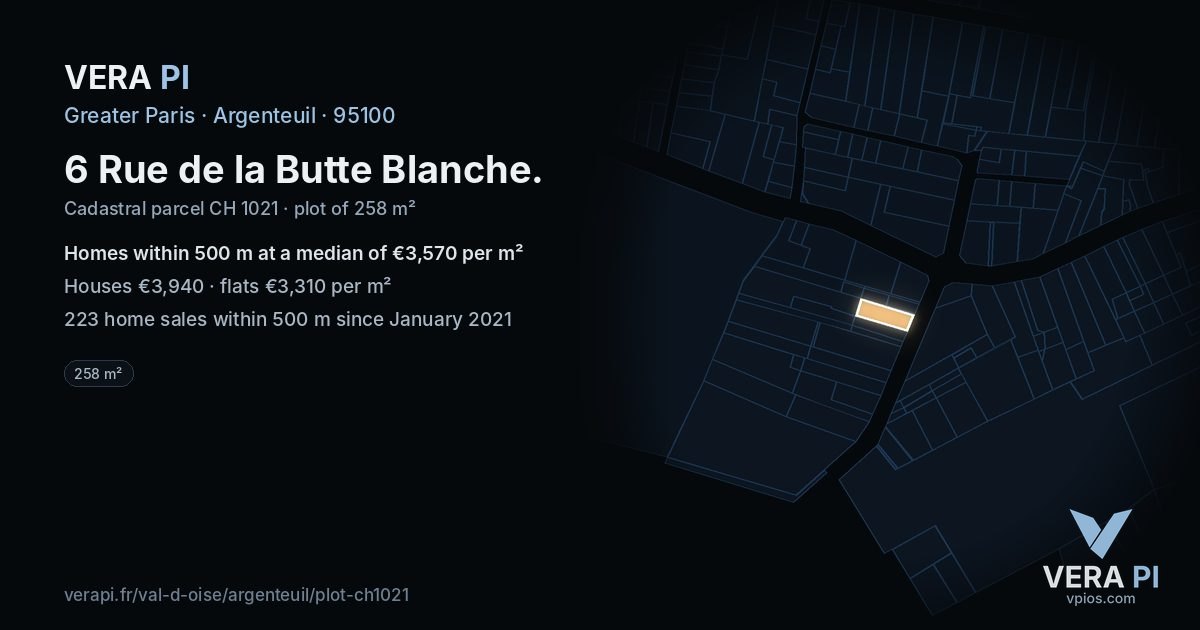 6 Rue de la Butte Blanche, Argenteuil at night – the plot lit, the parcels around coloured by the prices near them