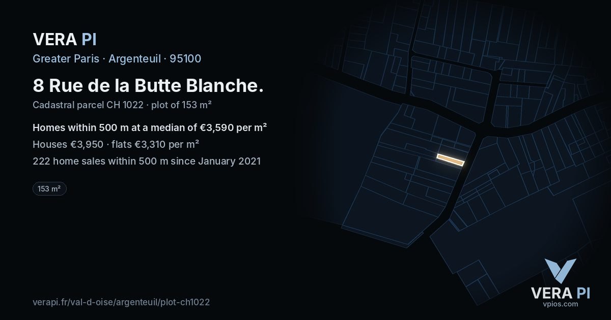 8 Rue de la Butte Blanche, Argenteuil at night – the plot lit, the parcels around coloured by the prices near them