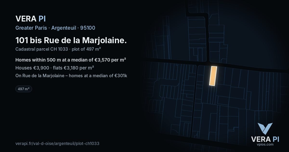 101 bis Rue de la Marjolaine, Argenteuil at night – the plot lit, the parcels around coloured by the prices near them