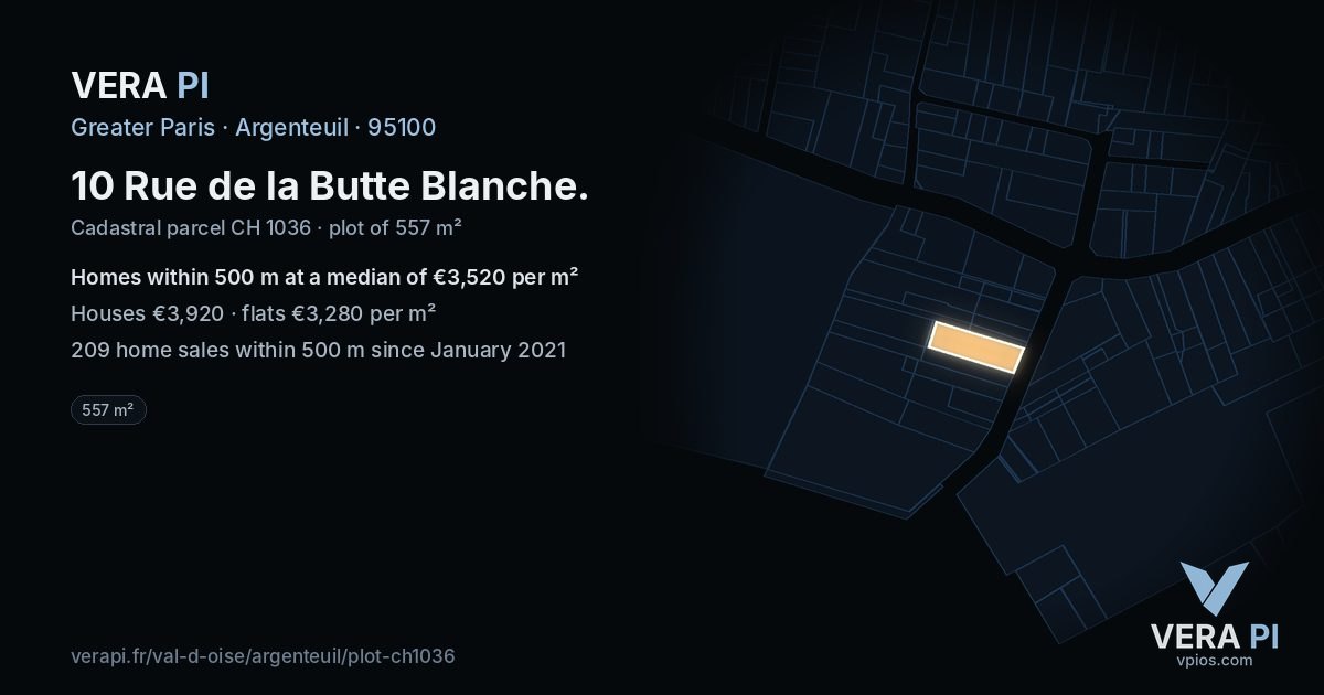 10 Rue de la Butte Blanche, Argenteuil at night – the plot lit, the parcels around coloured by the prices near them