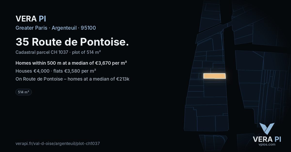 35 Route de Pontoise, Argenteuil at night – the plot lit, the parcels around coloured by the prices near them
