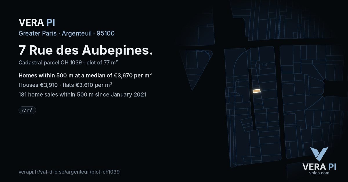 7 Rue des Aubepines, Argenteuil at night – the plot lit, the parcels around coloured by the prices near them
