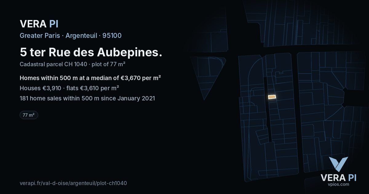 5 ter Rue des Aubepines, Argenteuil at night – the plot lit, the parcels around coloured by the prices near them