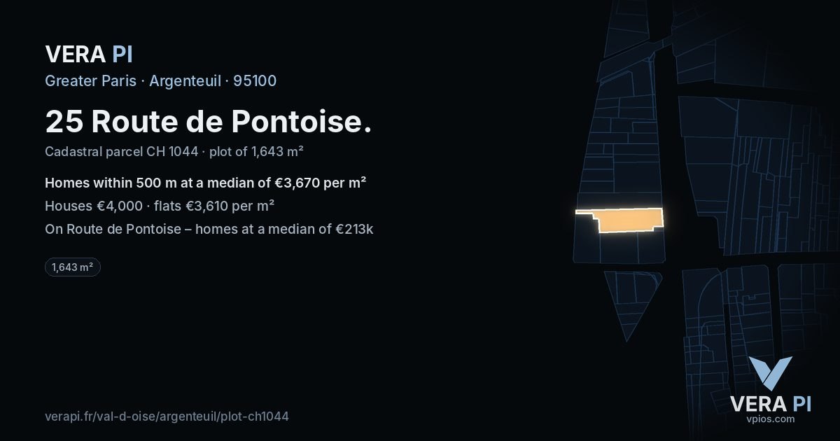25 Route de Pontoise, Argenteuil at night – the plot lit, the parcels around coloured by the prices near them