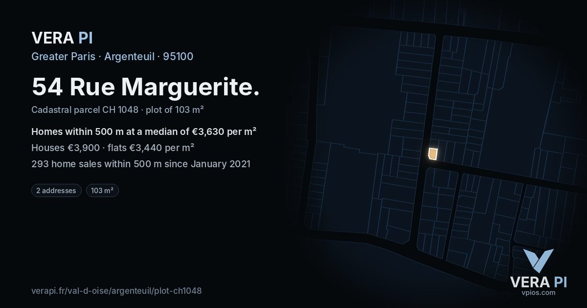 54 Rue Marguerite, Argenteuil at night – the plot lit, the parcels around coloured by the prices near them