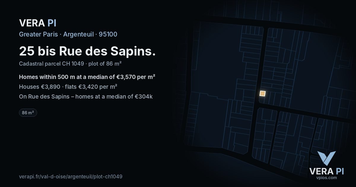 25 bis Rue des Sapins, Argenteuil at night – the plot lit, the parcels around coloured by the prices near them