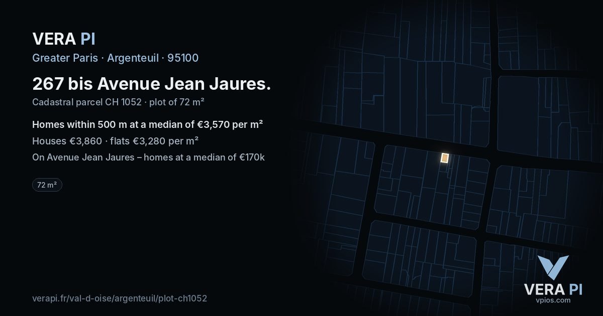 267 bis Avenue Jean Jaures, Argenteuil at night – the plot lit, the parcels around coloured by the prices near them