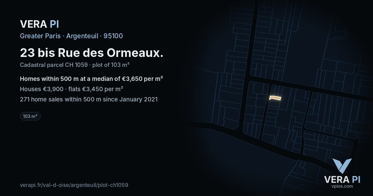 23 bis Rue des Ormeaux, Argenteuil at night – the plot lit, the parcels around coloured by the prices near them