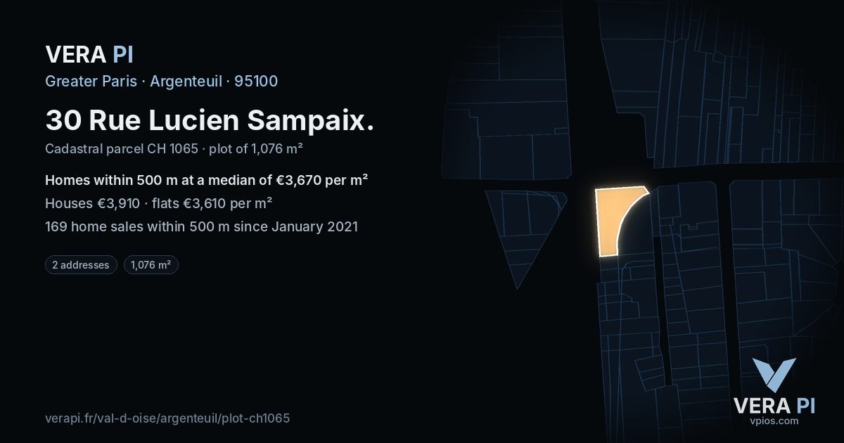 30 Rue Lucien Sampaix, Argenteuil at night – the plot lit, the parcels around coloured by the prices near them