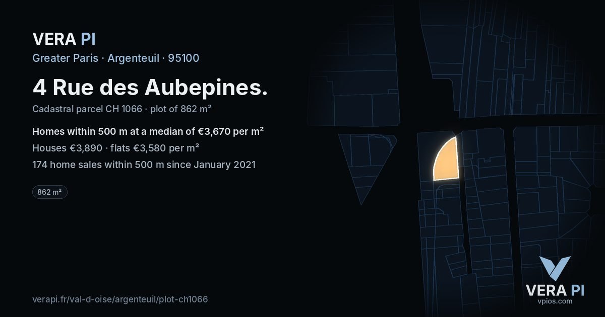 4 Rue des Aubepines, Argenteuil at night – the plot lit, the parcels around coloured by the prices near them